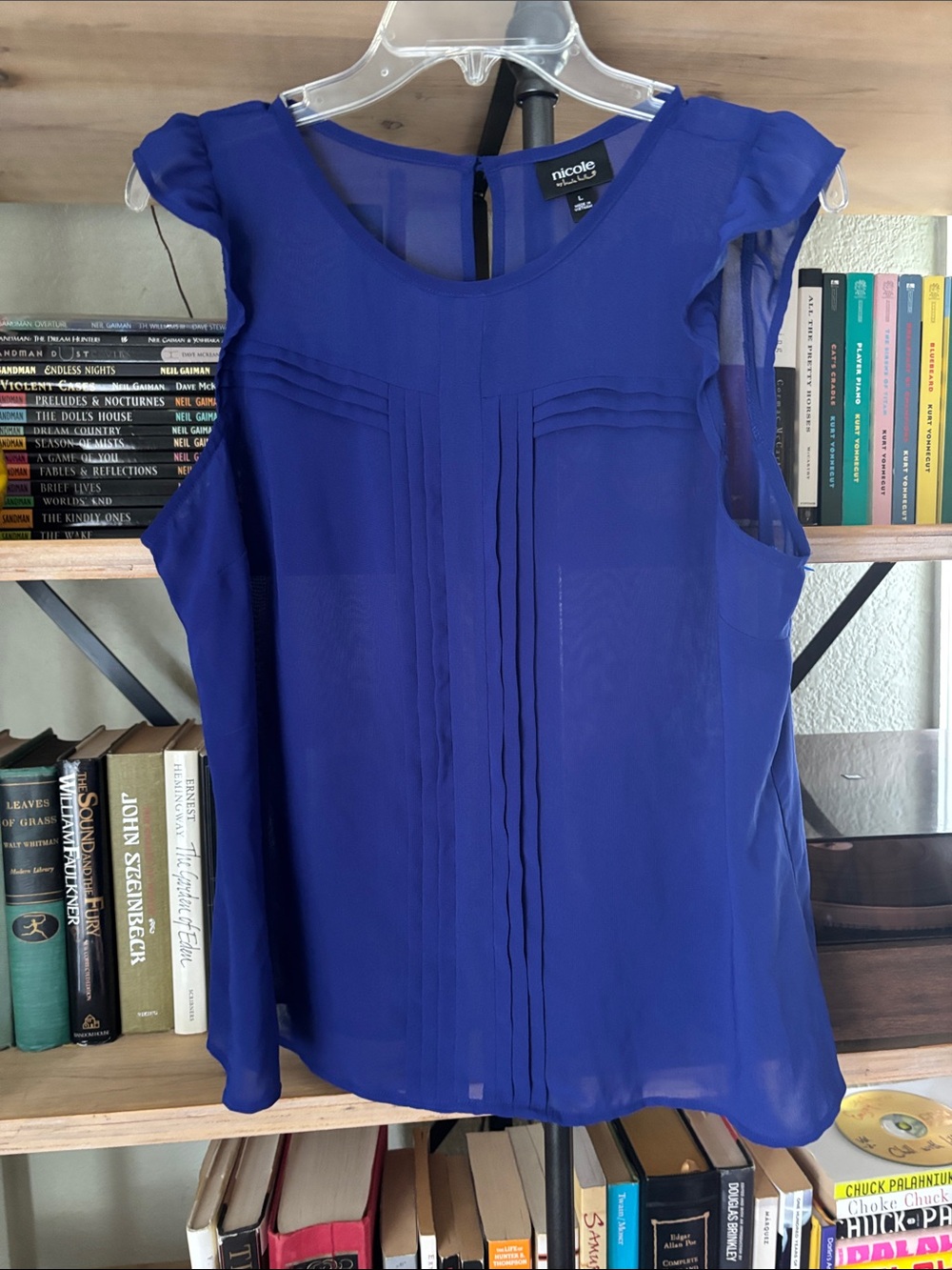 Nicole Royal Blue Sleeveless Pintuck Sheer Blouse